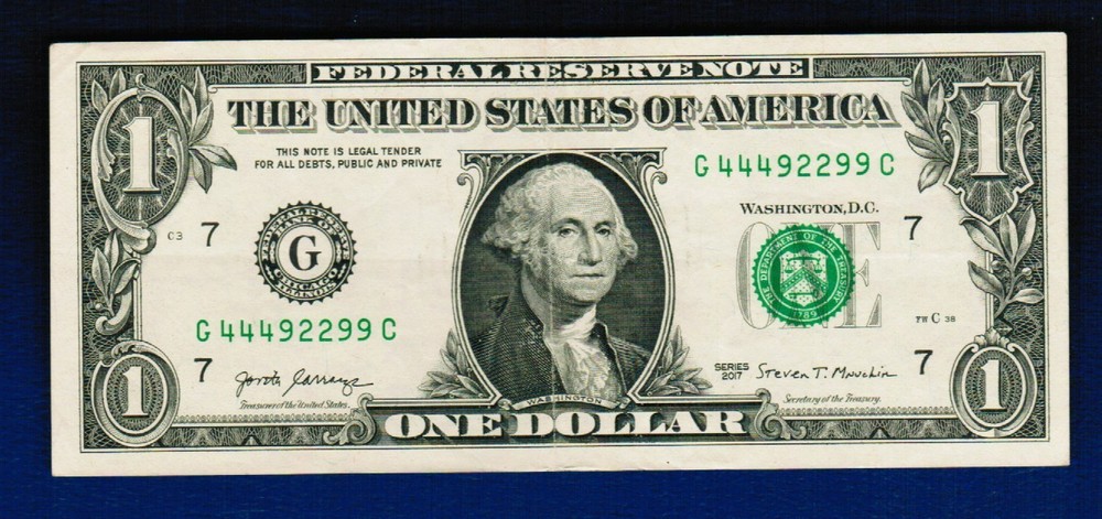 2017 $1 Trinary FRN–Serial # G44492299C–Error Note–98% Condition–Circulated