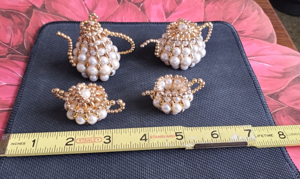 Handmade Faux Pearl & Gold Bead Mini Tea Set  Four Pieces