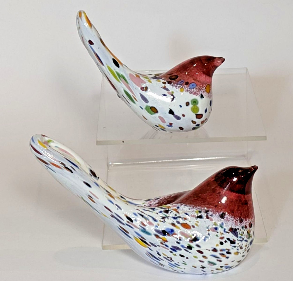 Two Gordon Studio Red Glass Bird Paperweights, Larger & Small