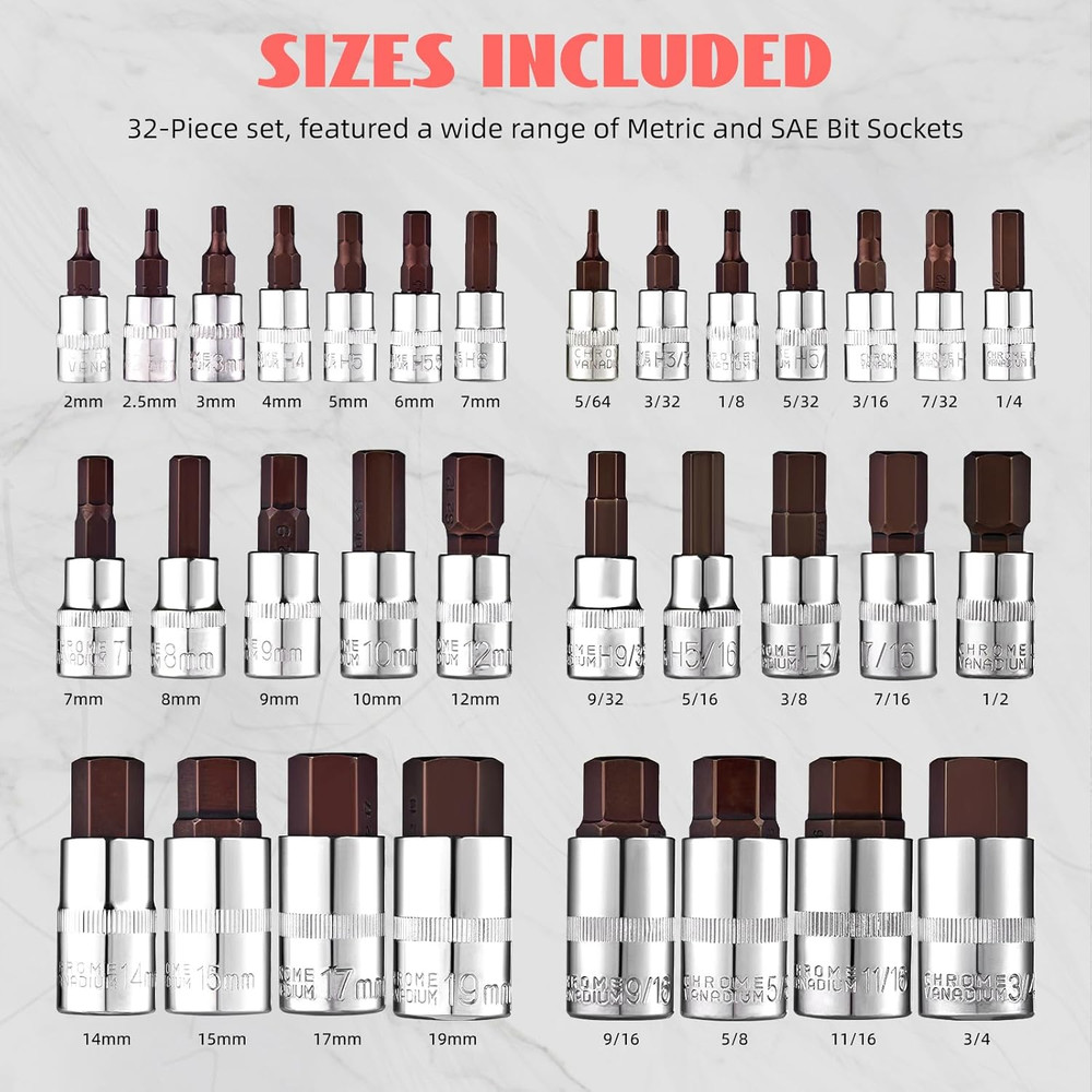 Master Hex Bit Socket Set 32-Piece, Allen Socket Set, 1/4'', 3/8”& 1/2'' Hex Dri