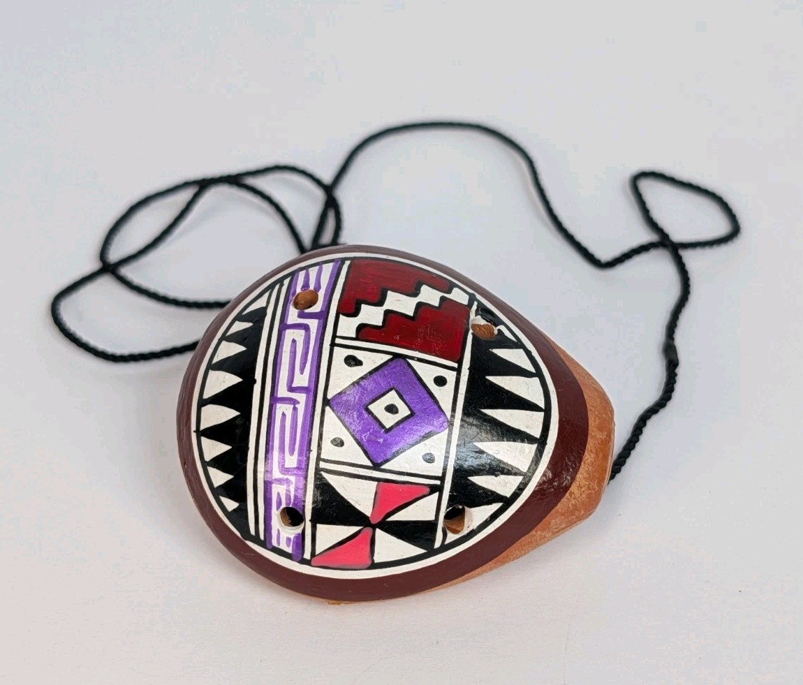 Vintage Handpainted Clay Peruvian Wind Flute / Whistle On Corded Necklace