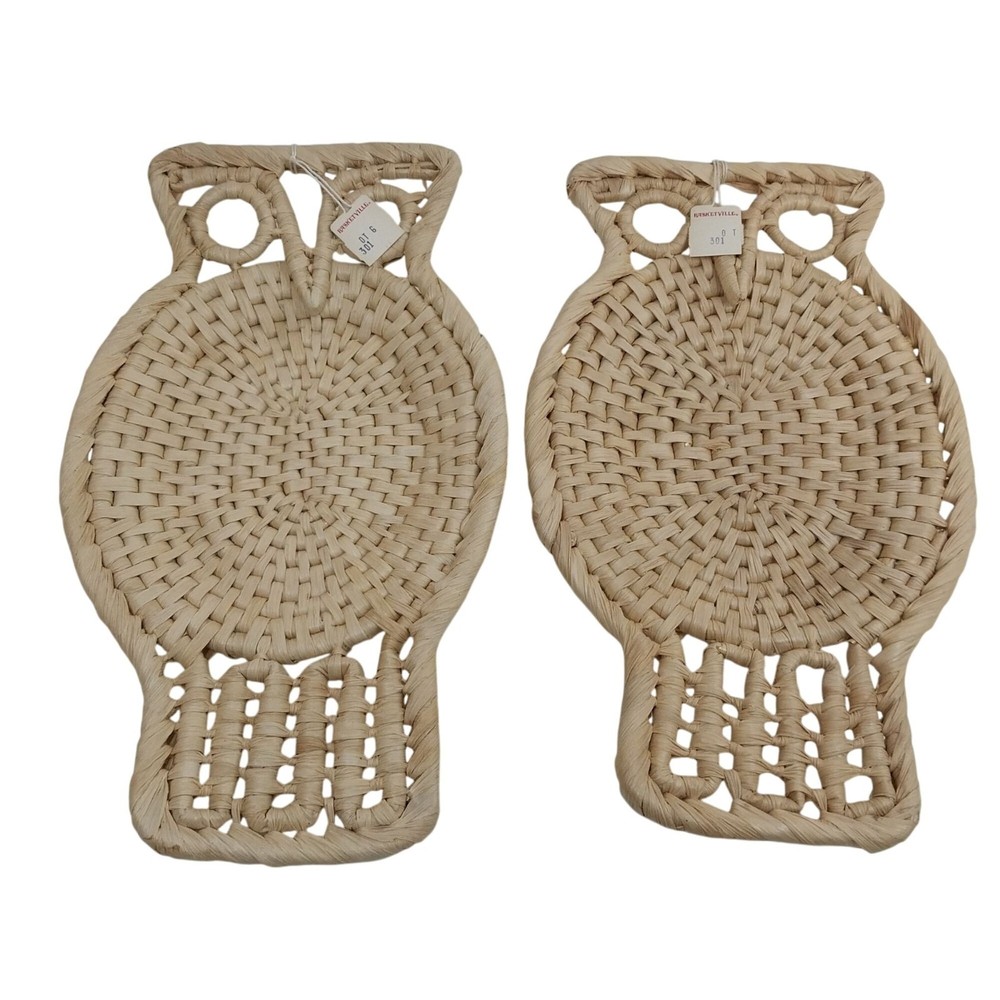 Rustic Straw Owl Baskets Wall Hanging Trivets Boho Chic