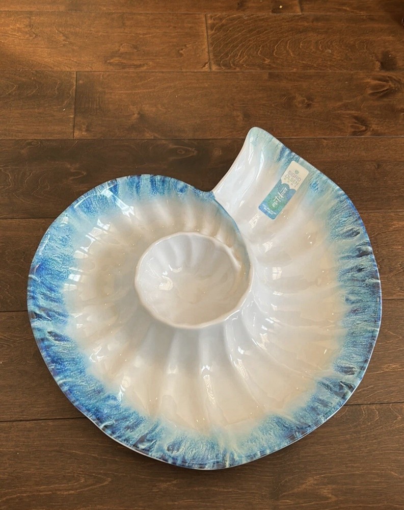 New Sigrid Olsen CONCH SHELL MELAMINE CHIP & DIP TRAY Platter 15" Blue White