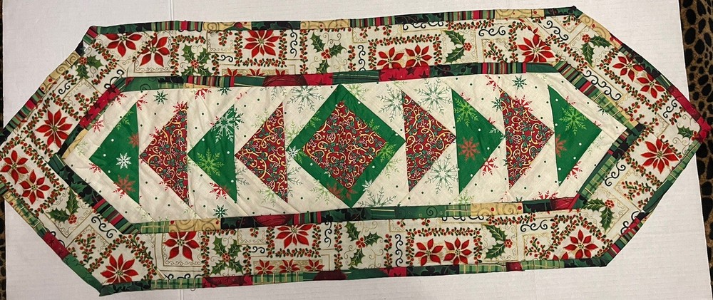 Handmade Patchwork Christmas Table Runner Red Green 38” X 14”