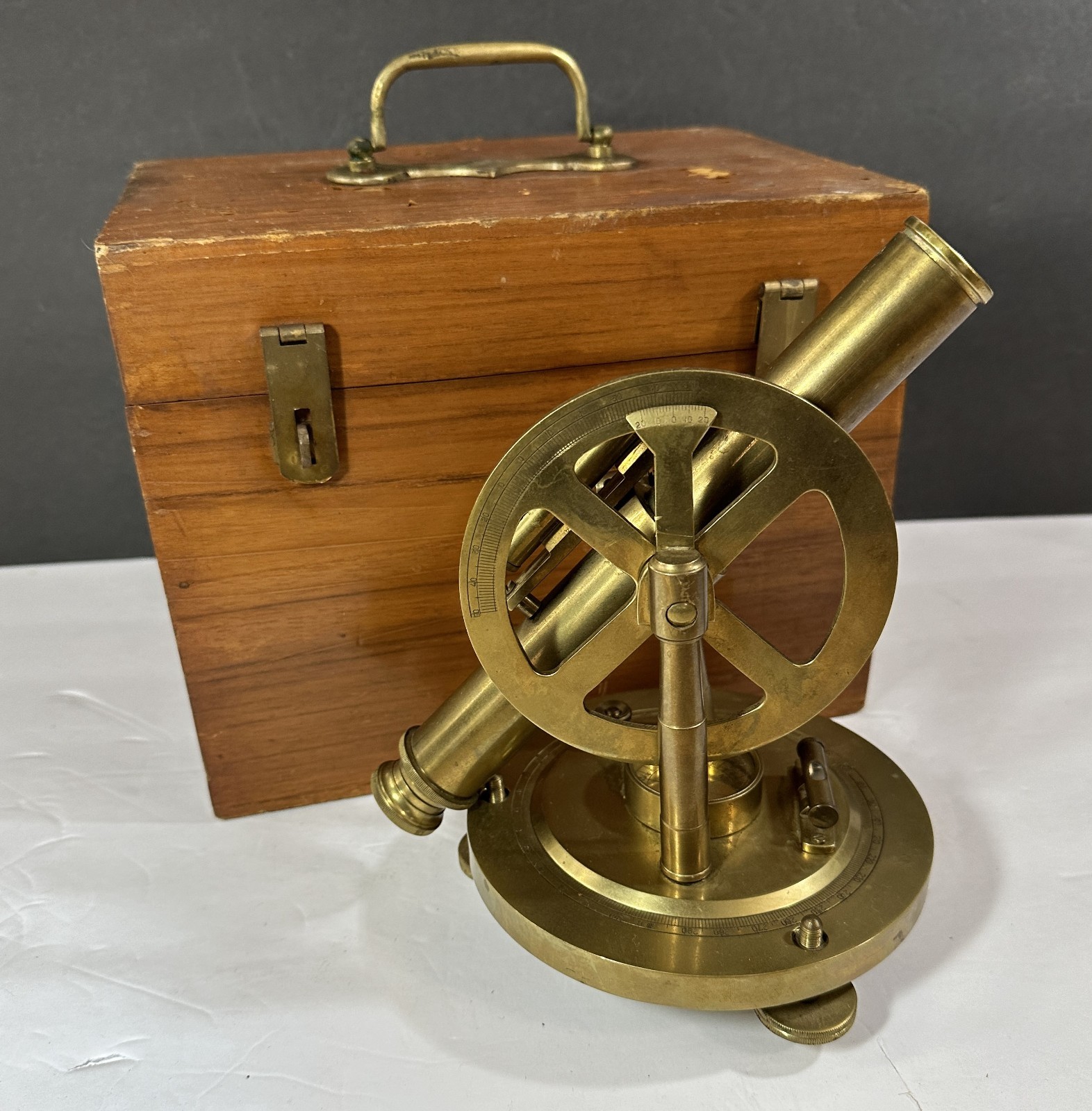 Vintage Brass Theodolite Surveyor's Level Transit Scope Compass Tool & Wood Box