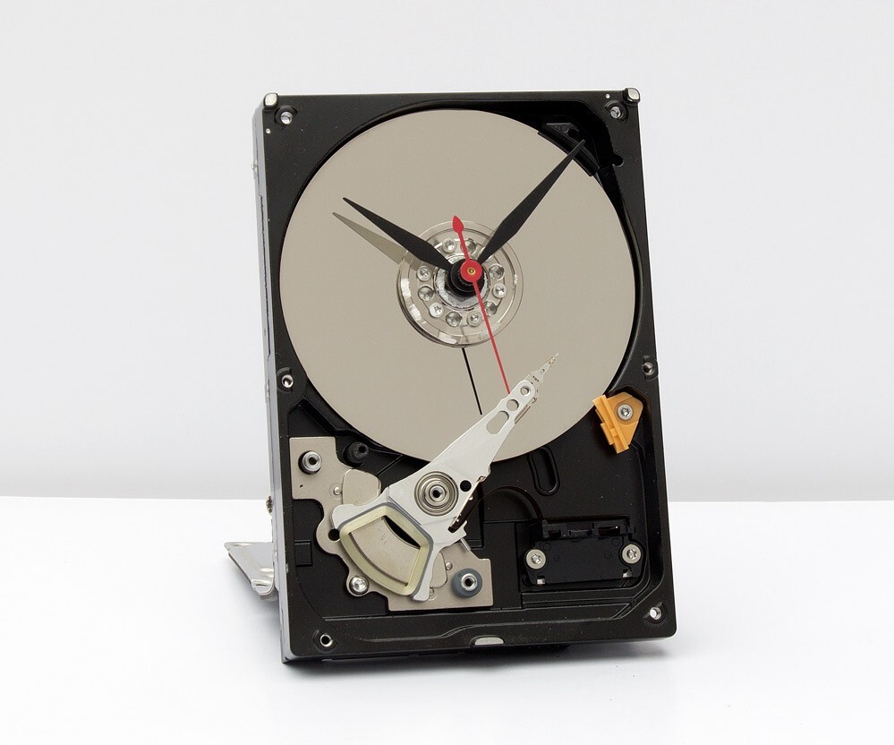 Recycled computer hard drive desk clock, Quartz, time, battery, upcycle, PC, Mac