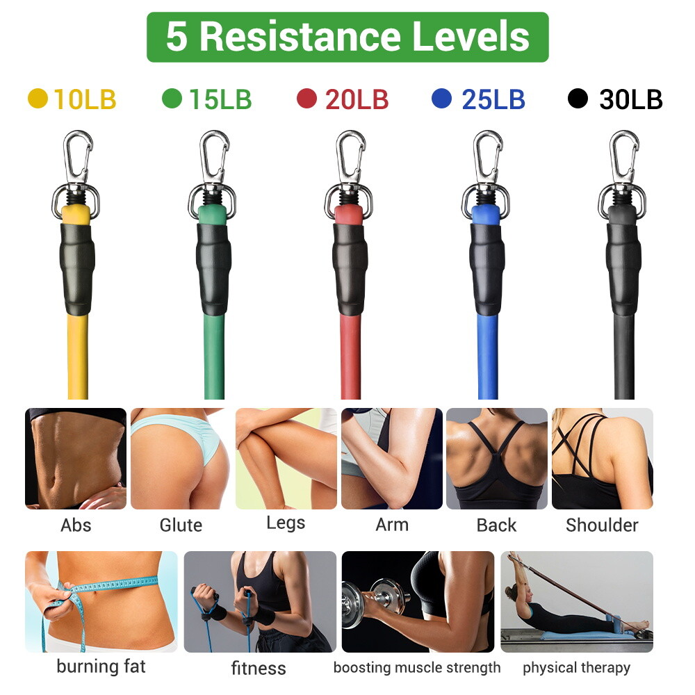 5 Tubes Resistance Bands Set Exercise Workout Stackable 100Lbs Ankle Strap Home