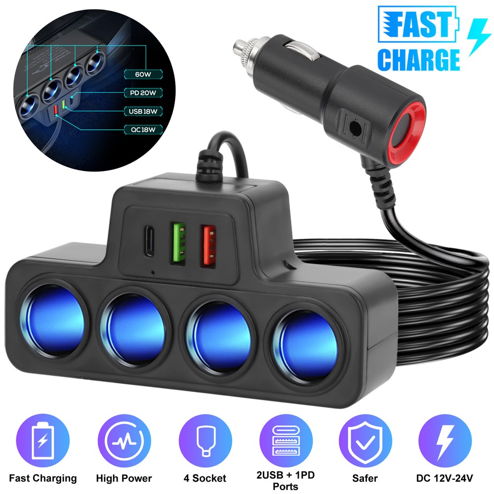 4 Way Car Cigarette Lighter Socket Splitter USB Fast Charger Power Adapter 12V