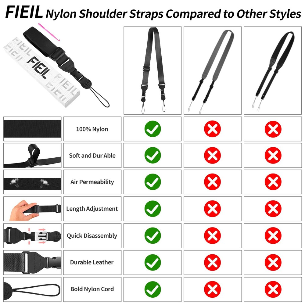 FIEIL 2 Pack Adjustable Shoulder Strap, 2 Black, 2 Pack-black