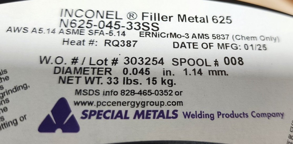 Special Metals N625-045-33SS Inconel Filler 625 Welding Wire 0.045in 33lb *PS