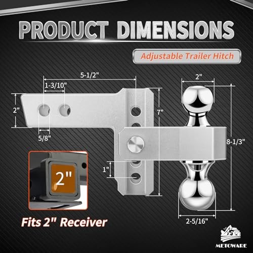 Adjustable Trailer Hitch - Aluminum Tow Hitch Fits 2-Inch 4-inch Drop silver