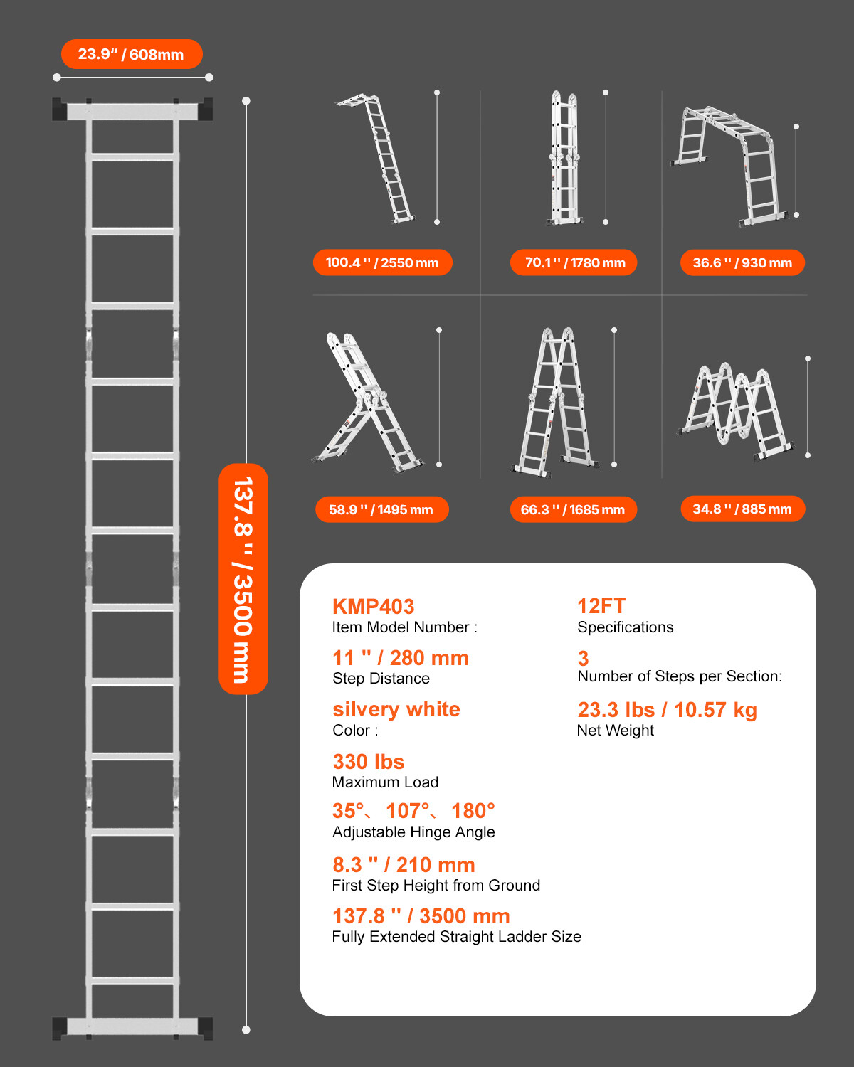 Multi-Purpose Folding Ladder 7-in-1 3 Step 12ft Reach Height for Work