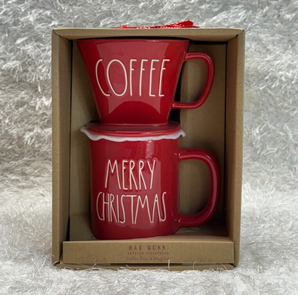 Rae Dunn "COFFEE" Drip & "MERRY CHRISTMAS" Mug Set