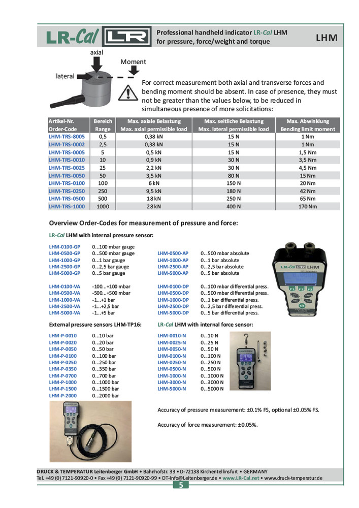 LR-Cal LHM N Pressure Torque & Force Meter with Internal Force Sensor 0-5000 N