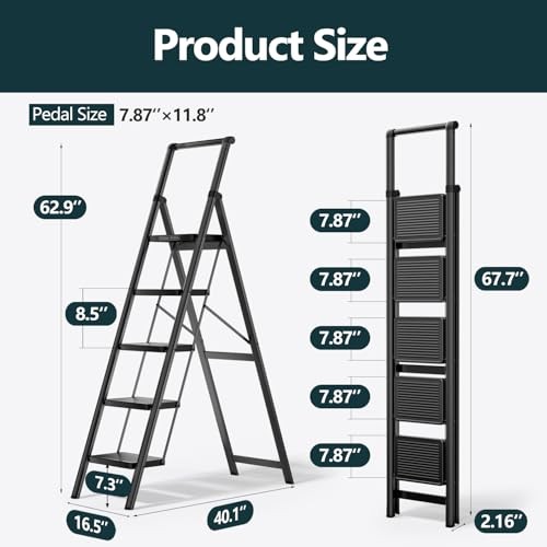 Step Ladder for Home, Foldable Step Stool for 5 Step with Handrail Black