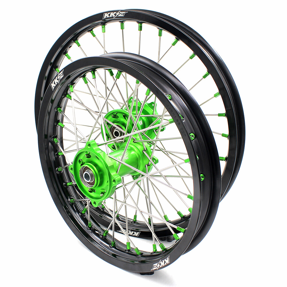 KKE 19/16 Spoked Kid's Big Wheels Set Fit KAWASAKI KLX140 16-2017 Green Nipples