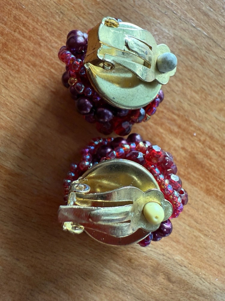 Pair Ruby Red Bead Knot Clip Earrings 7/8"dia.
