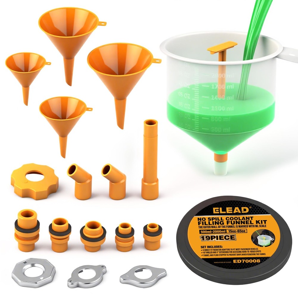 ELEAD No-Spill Coolant Funnel Kit - 19-Piece Multi-use Version Yellow