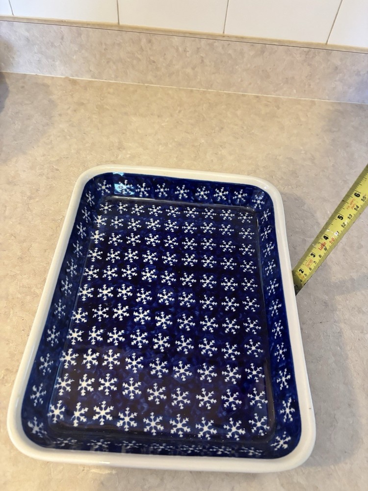 Blue White Snowflake Pattern Pottery Rectangle Casserole Dish 28cm x 20cm