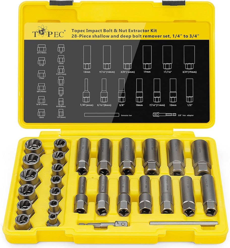 Topec Deep Bolt Extractor Set 28PCS, 3/8" Drive Bolt Extractor Kit, Spark Plug E