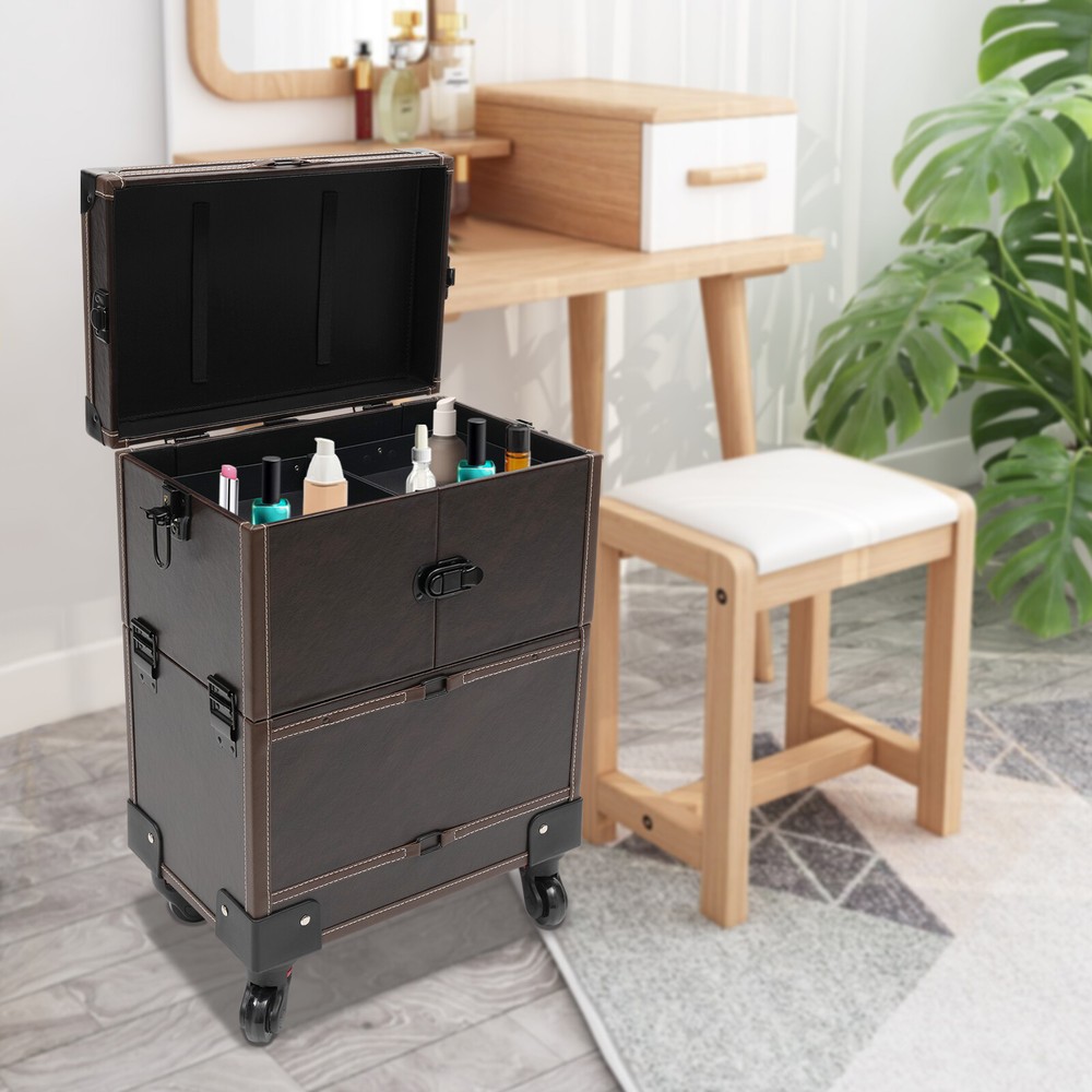 Rectangular Rolling Makeup Train Case Trolley Cosmetic Organizer Box with Mirror