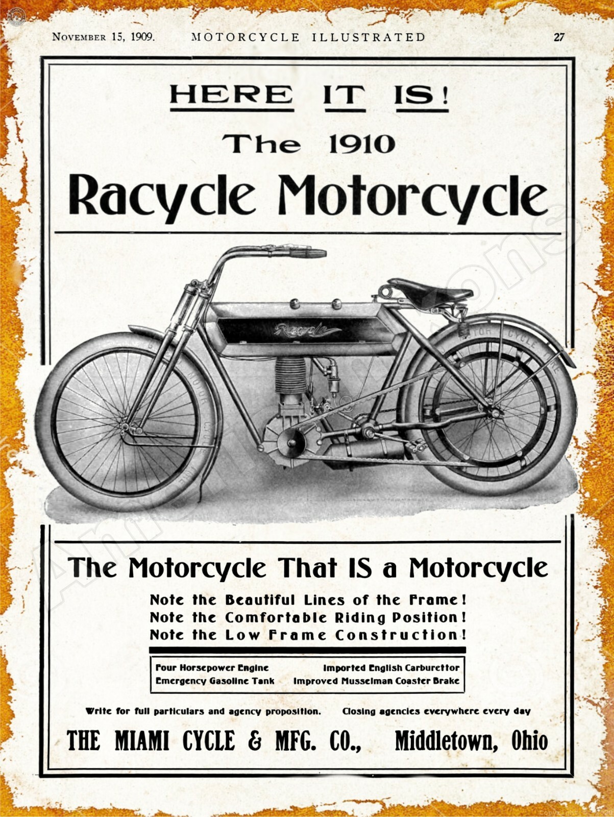 1910 Miami Cycle & Mfg. Co. Racycle Motorcycles New Metal Sign: Middletown, Ohio