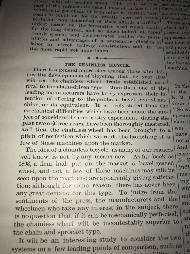 1897 The Chainless Bicycle Advertising Article