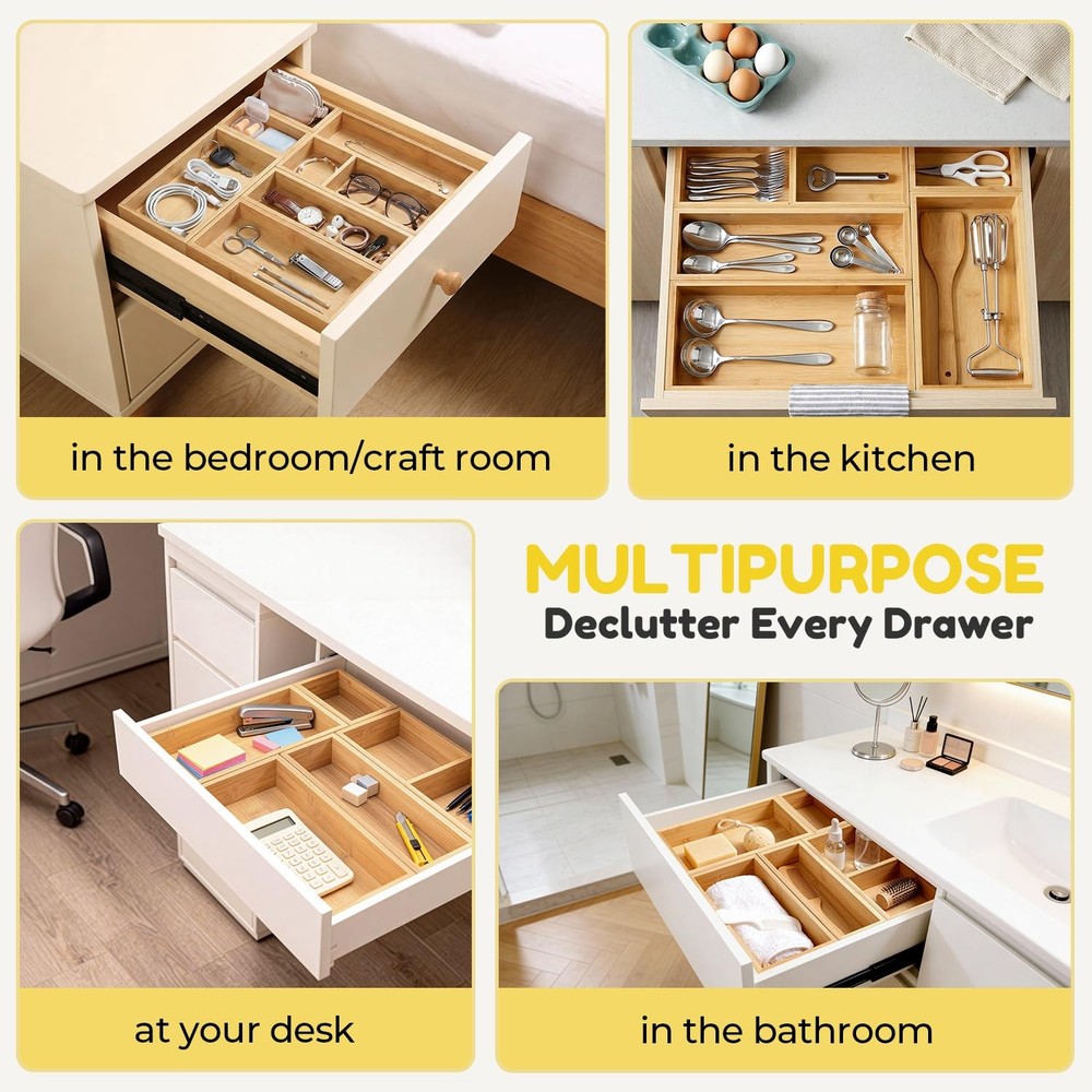 Bamboo Drawer Organizer, 8 Pcs Kitchen Drawer Organizer Set, Multi Purpose Ut...