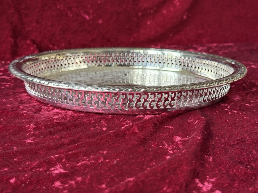 VTG Silver-plate 13” Tray Oneida USA with Scroll Etching Raised Rim Pierced.