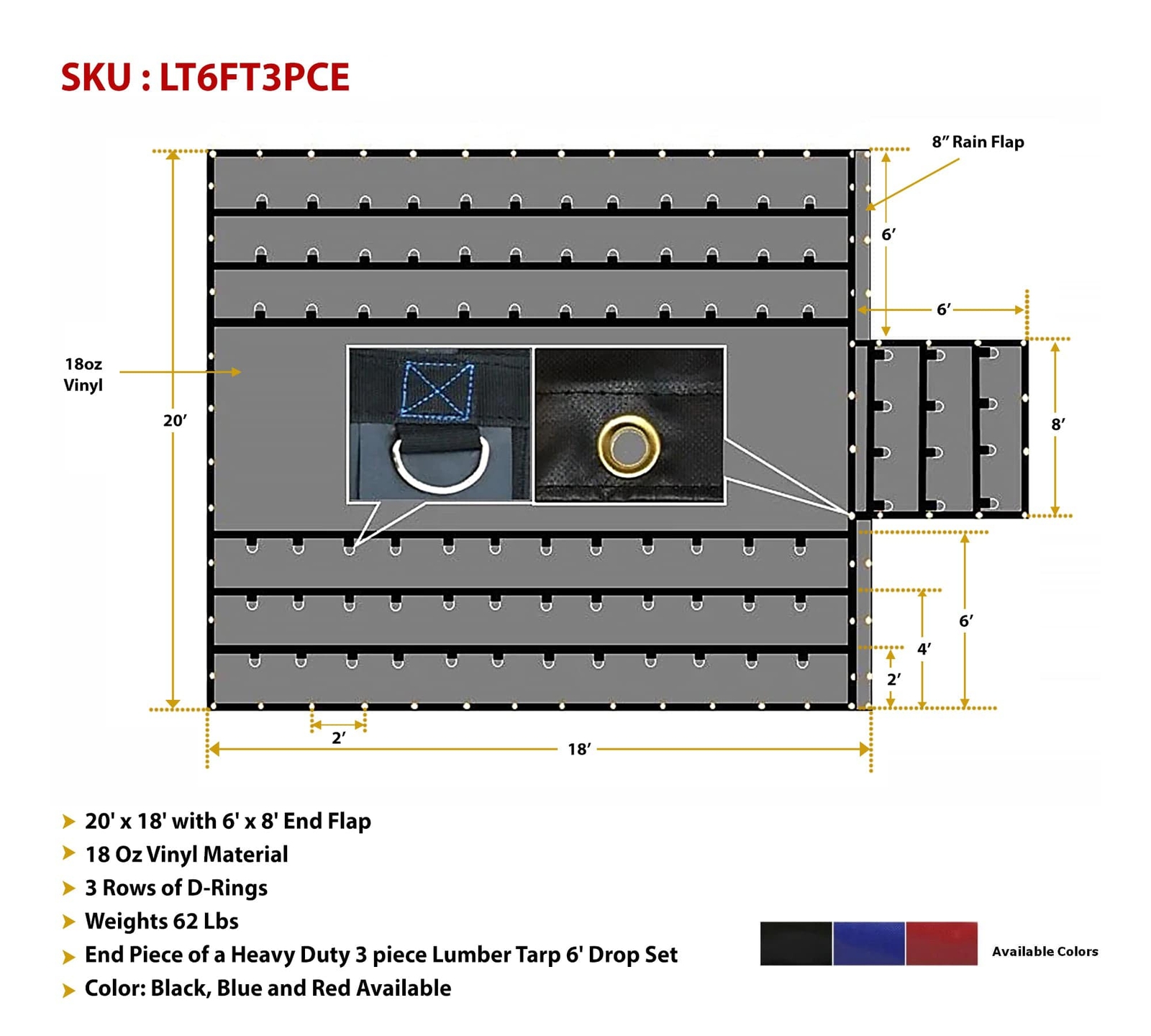 Heavy Duty 18oz Lumber Tarp 20x18 (6' Drop with 6' x 8' Flap) - Black