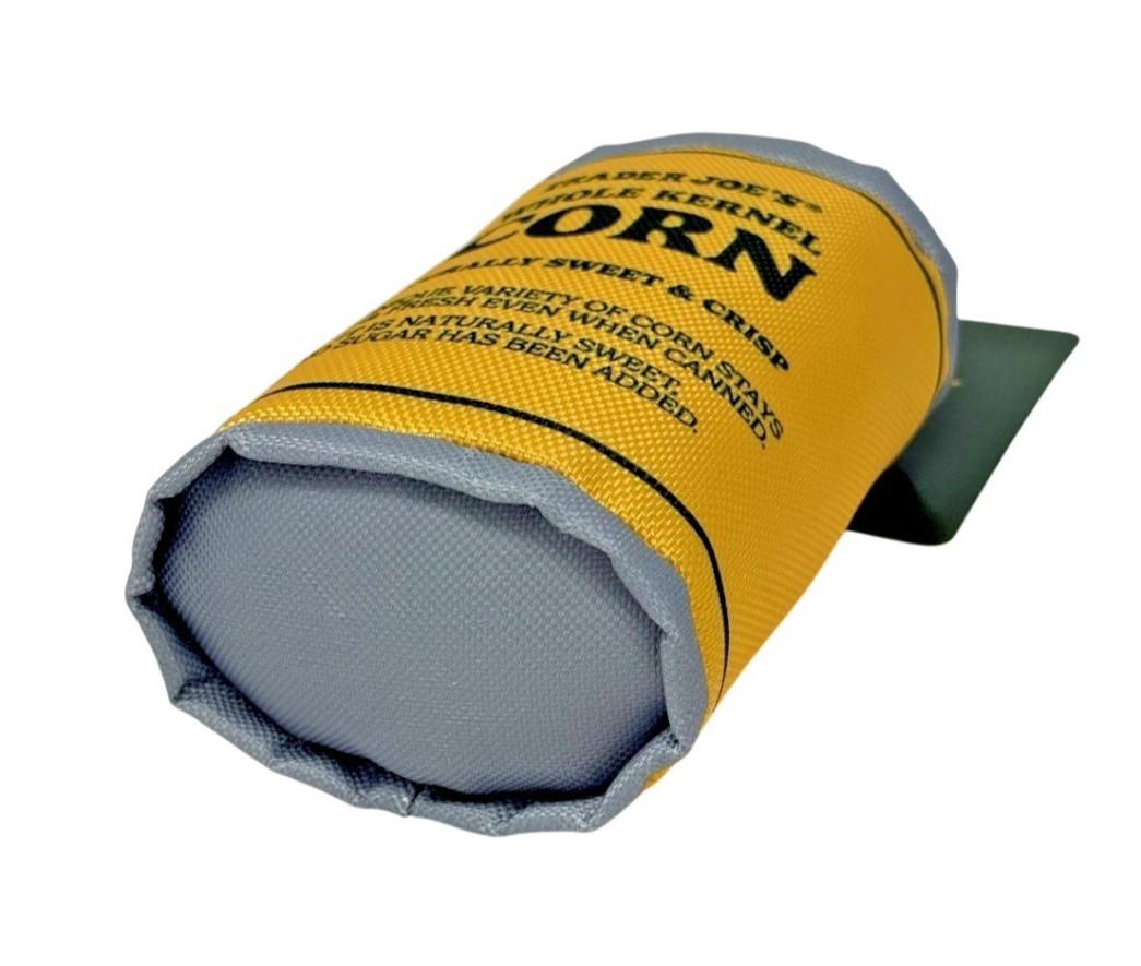 Trader Joe's Can of Corn DOG TOY with Squeaker Soft Pet Plush * NEW *