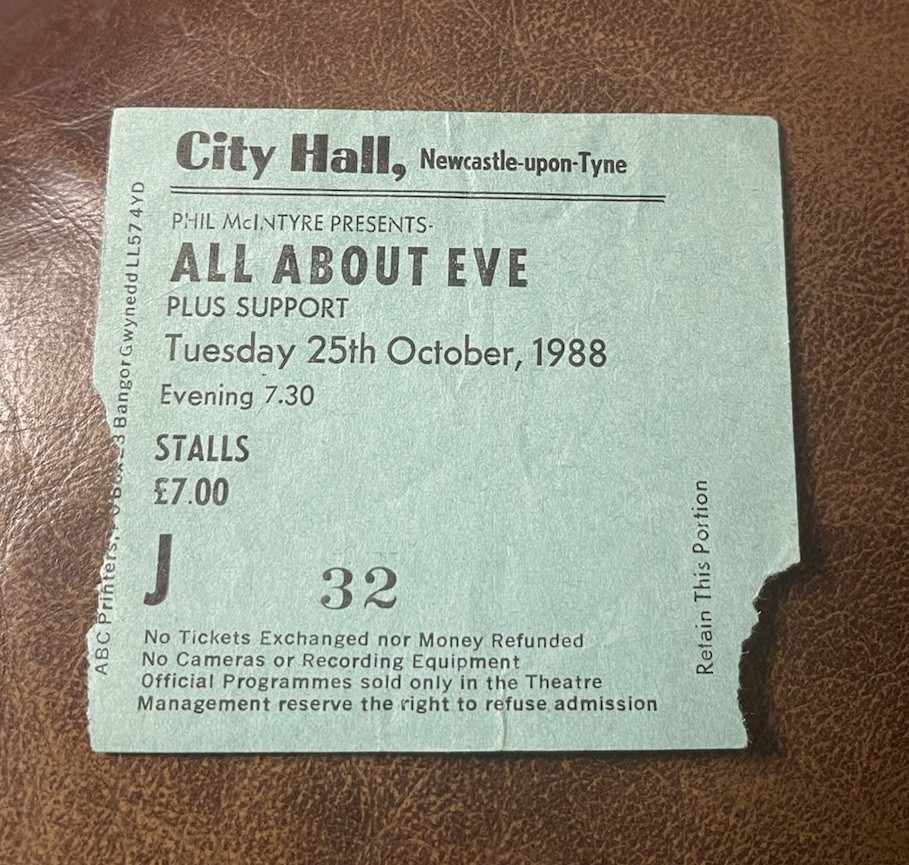 ALL ABOUT EVE RARE CONCERT TICKET STUB NEWCASTLE UPON TYNE, ENGLAND 10/25/1988
