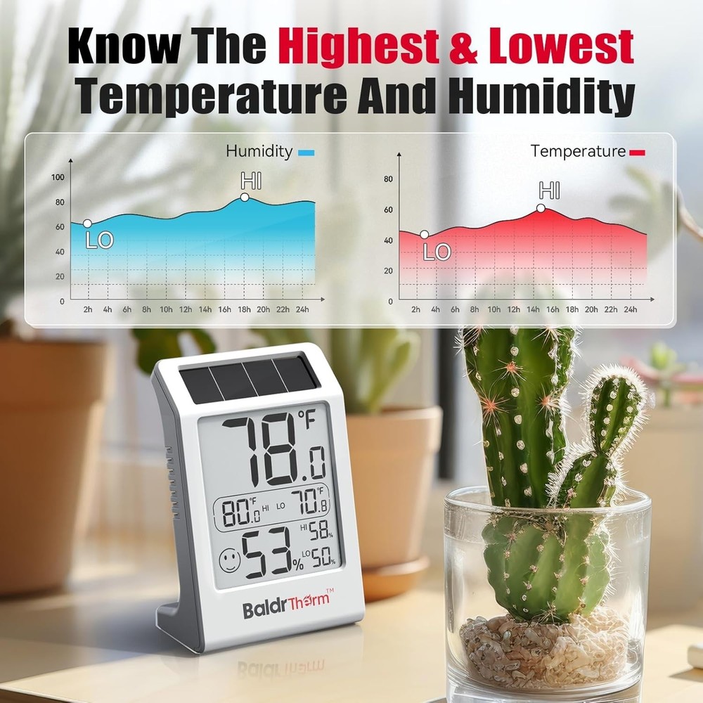 Solar-Powered 3.2'' Digital Thermometer with Max/Min Readings - 1 Support