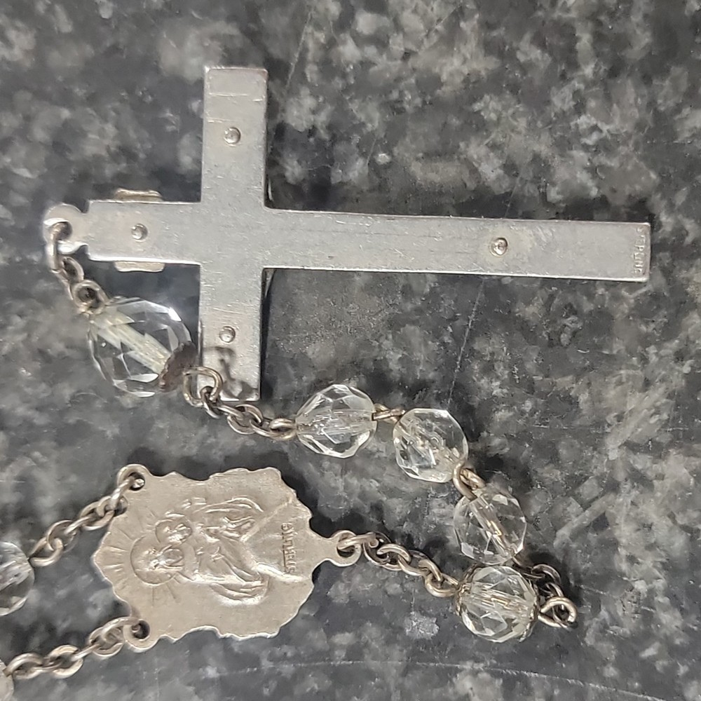 Vtg Large Size Crystal Sterling Silver 24" Rosary