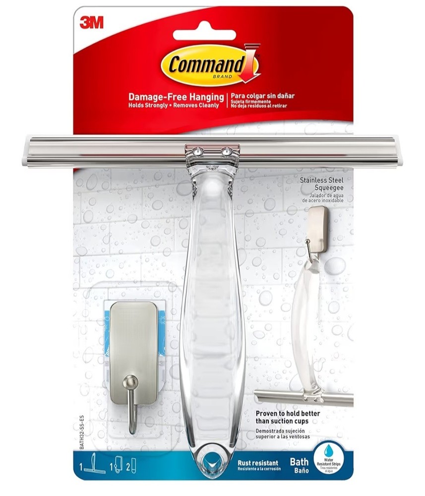 3M BATH32-SS-ES Command Shower Squeegee Hook Nickel Caddy Damage-Free Hanging