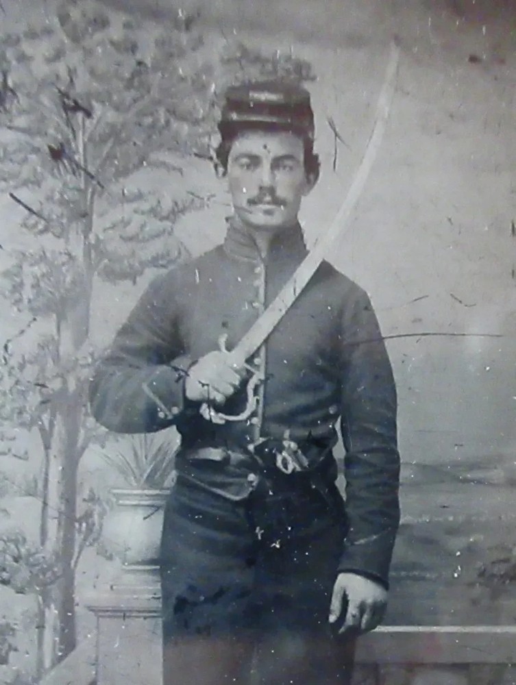 Civil War Ruby Ambrotype – Private Holding Eagle Head Saber & Colt Pocket
