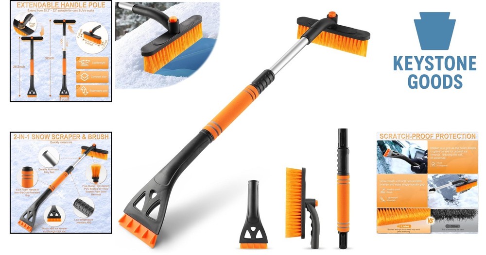 32-Inch Extendable Snow Brush & Ice Scraper with 360° Rotating Head