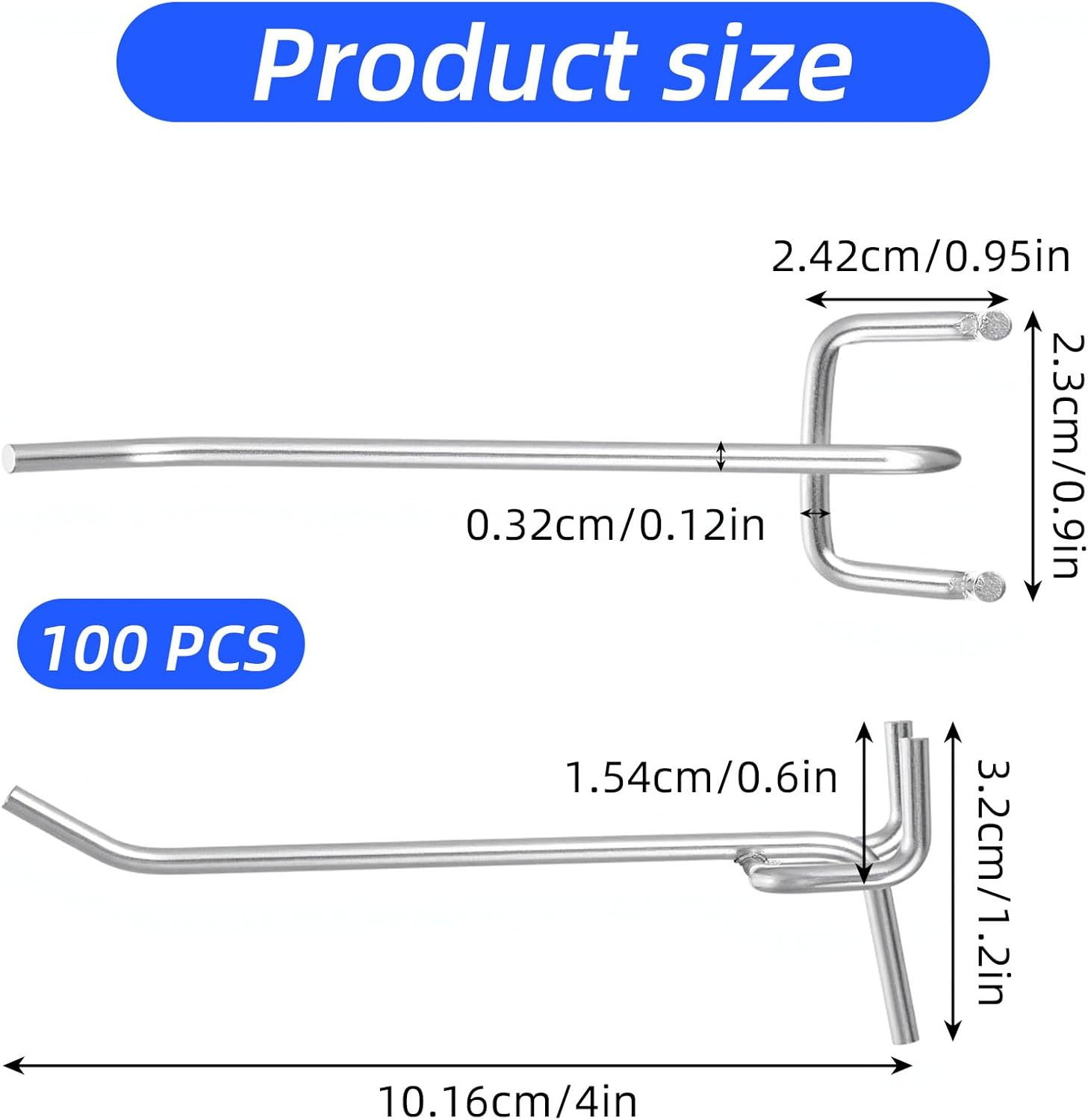 100 Pack 4 Inch Pegboard Hooks, Heavy Duty Metal Peg Board Accessories Fit 1/4"