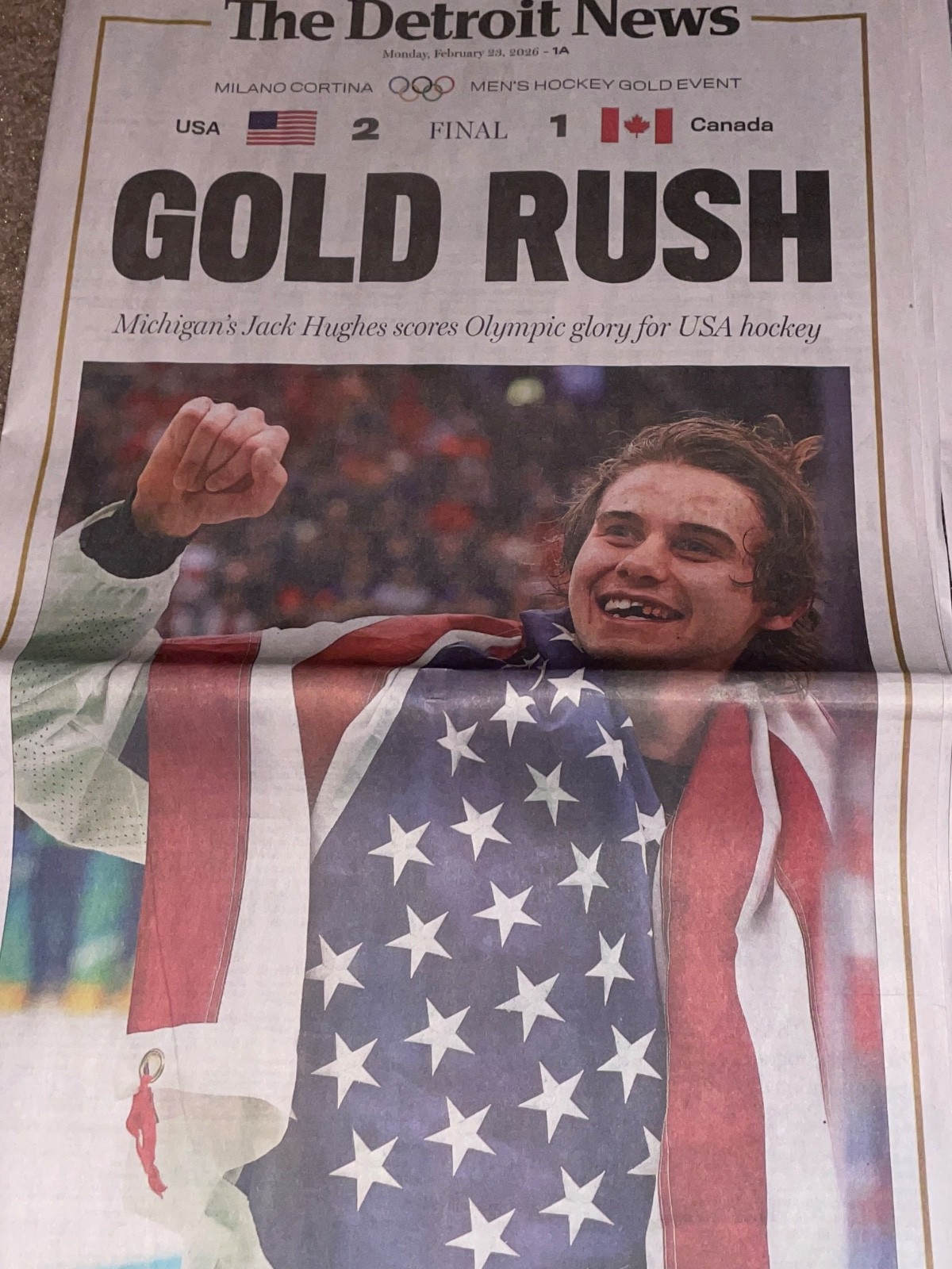 23FEB2026 TEAM USA 🇺🇸 WINS OLYMPIC GOLD RUSH DETROIT NEWS FULL PAPER HOCKEY