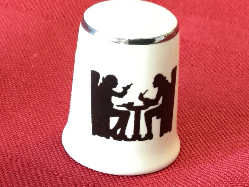 Dining Silhouette Pattern Thimble 1" Tall, Pattern Both Sides Silver Trim