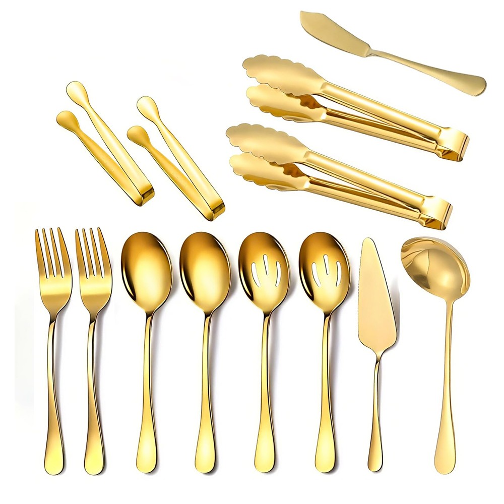 13 Piece Gold Large Serving Utensils, Stainless Steel Include Serving Spoons,...