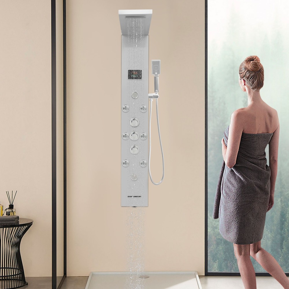 White Shower Panel With Waterfall / Rainfall Overhead Shower+Handheld Shower NEW
