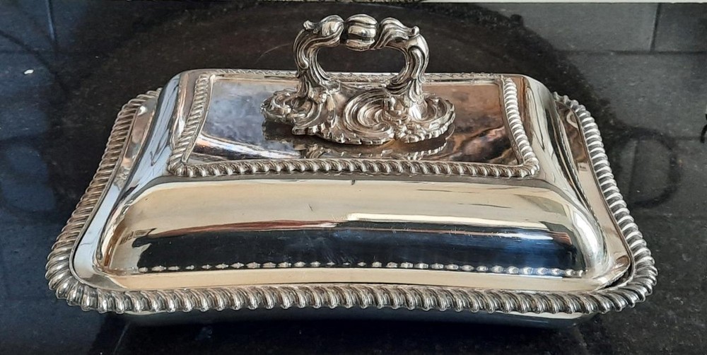 Fine Antique Silver Plated Rectangular Entree Dish with Ornate Handle C 1850