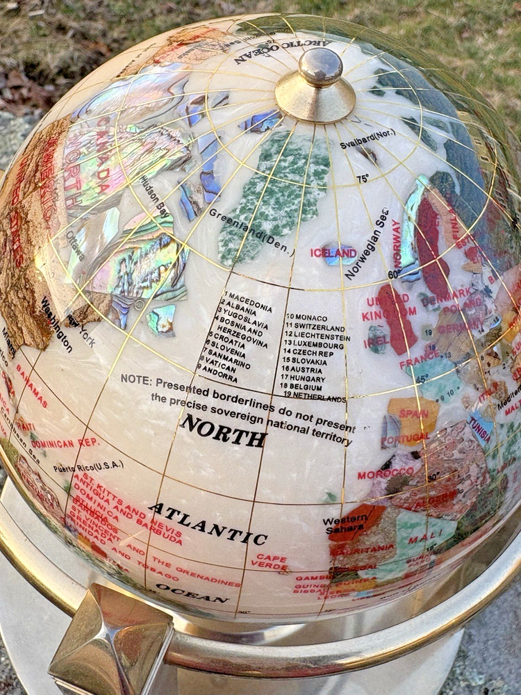Beautiful Antique Precious Gemstone World Globe With Clock, Hydrometer, & Temp