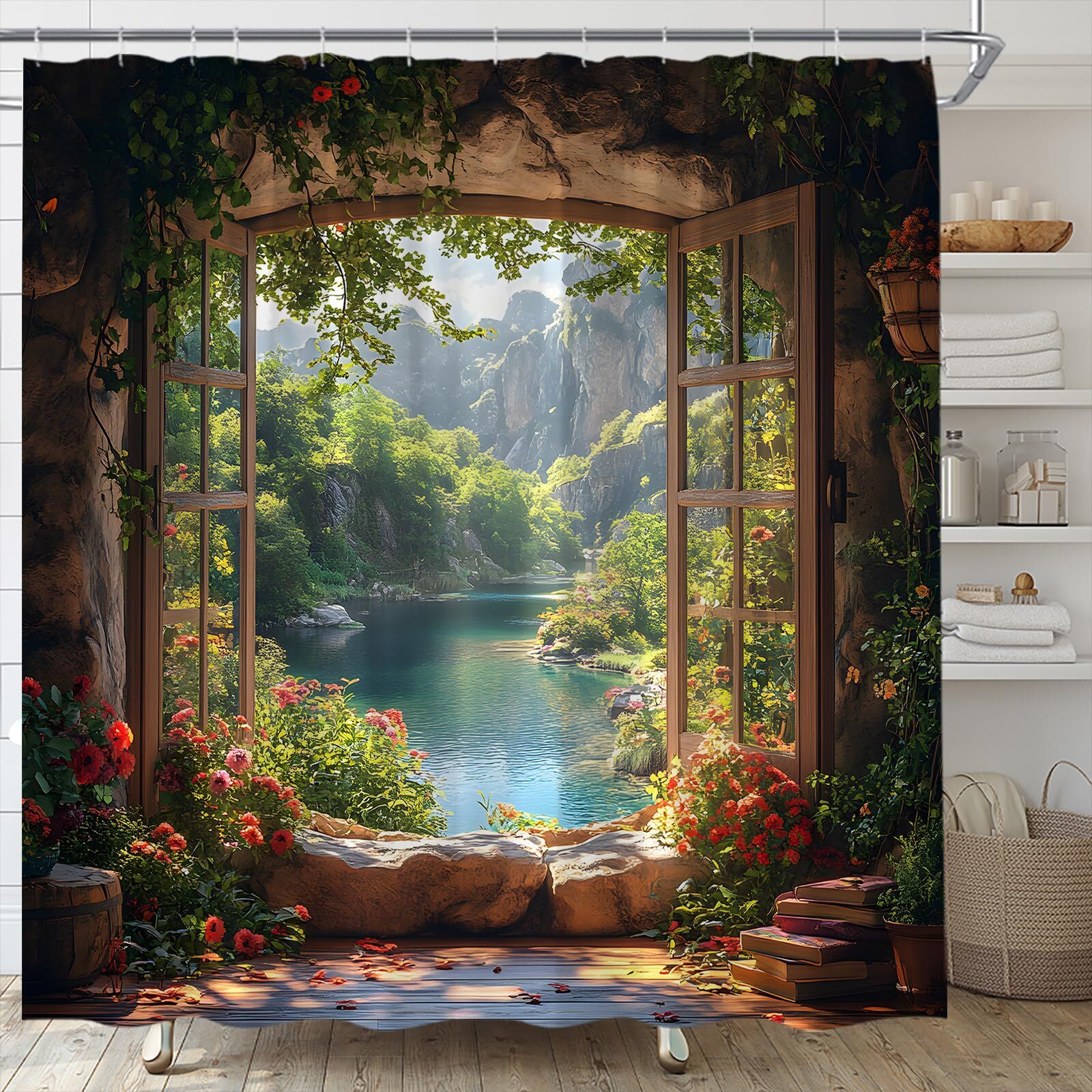 Nature Garden Shower Curtain Forest Mountain Stone Wall Flower Green Leaf Vin...
