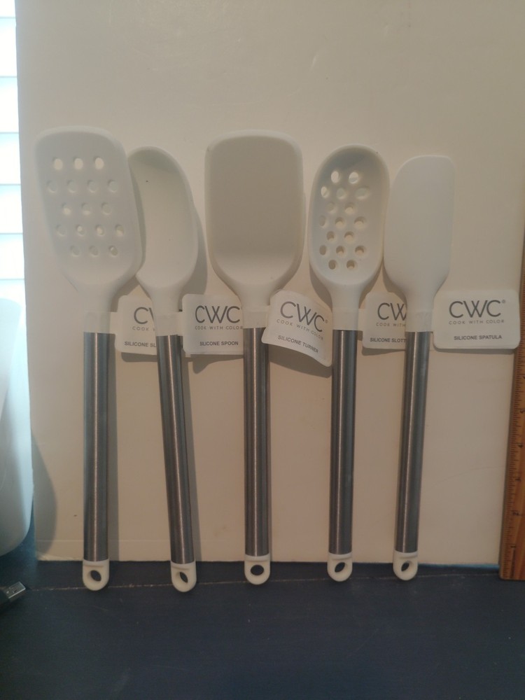 CWC 5PC Set Kitchen Utensils Plastic Silicone Durable Cook With Color - White