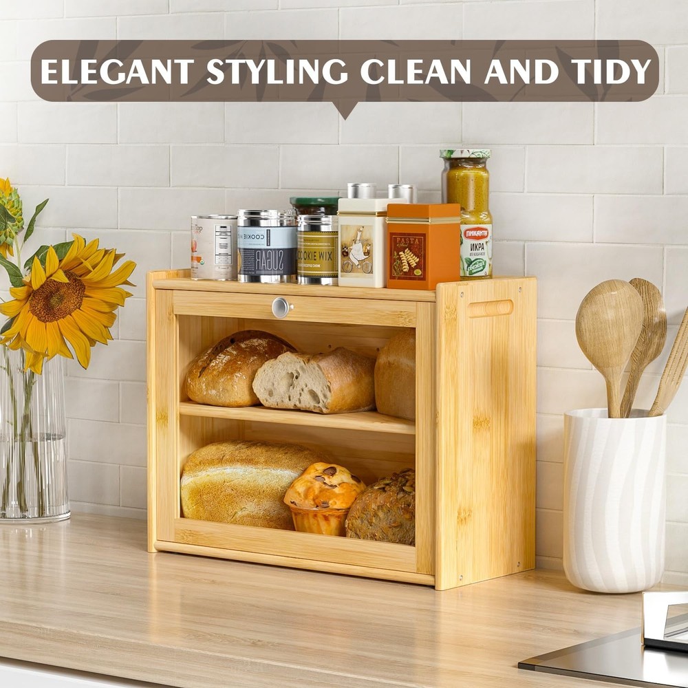 Bread Box for Kitchen Countertop, Double-layers large Bread Container with Tr...