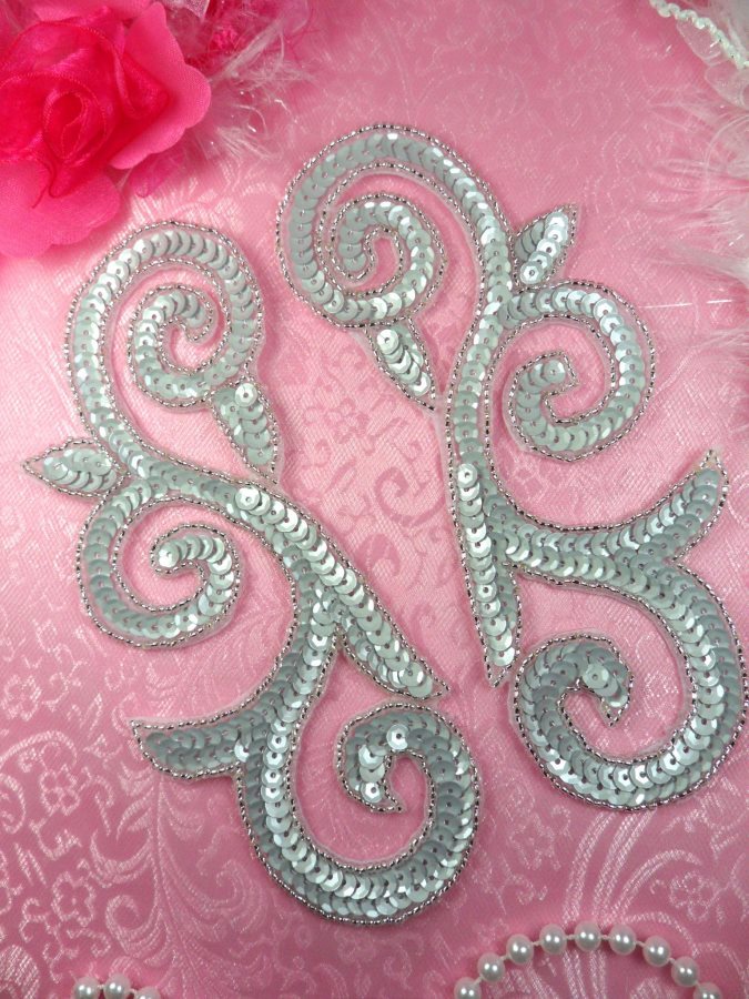 JB239 Mirror Pair Silver Beaded Scroll Designer Gray Sequin Appliques 6.5"
