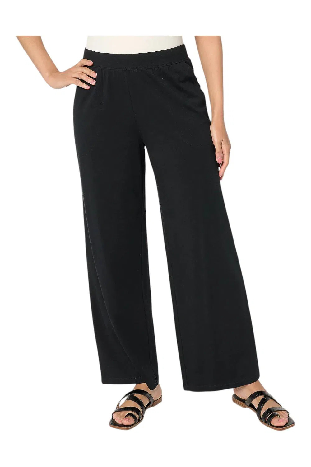 Denim & Co. Women's Beach Jersey Full Length Wide Leg Pant Blk