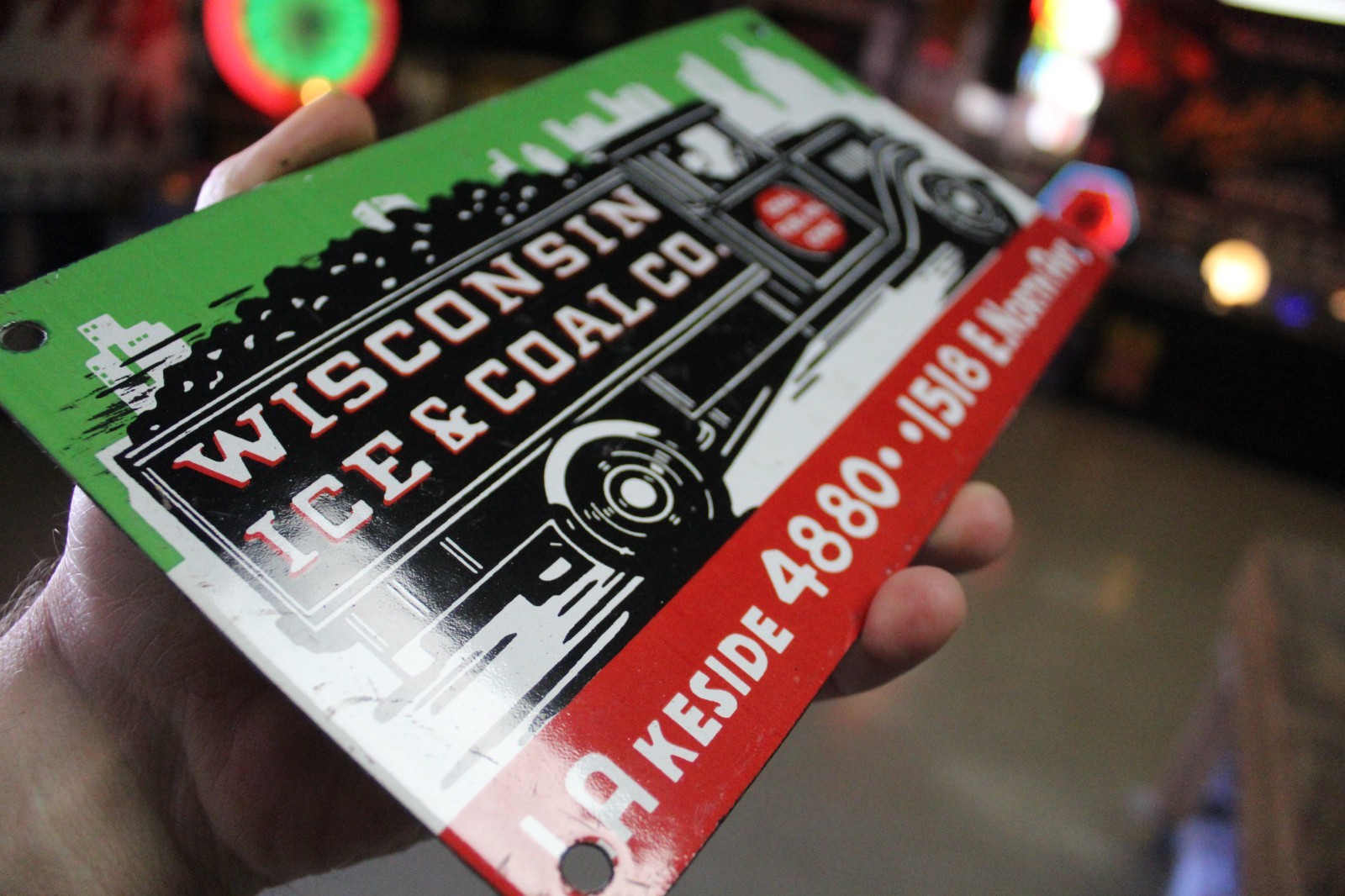 RARE WISCONSIN ICE AND COAL DEALER PORCELAIN METAL SIGN TRUCK GAS OIL MILWAUKEE